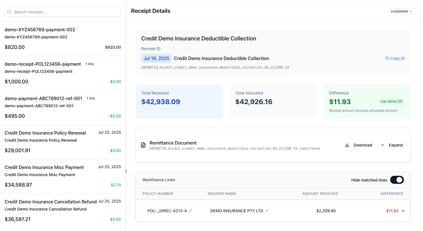 Receipt details view showing payment allocations, remittance lines, and difference tracking